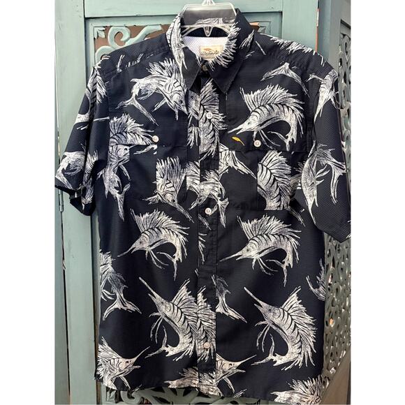 Bob Timberlake Men's Navy/White Vented Yoke-Deep Sea Angler Marlin Shirt-S/S-S - Picture 1 of 6